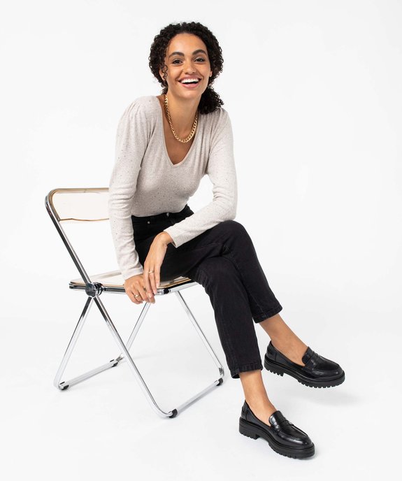 Tee-shirt manches longues avec col V à motifs pailletés femme vue1 - GEMO(FEMME PAP) - GEMO