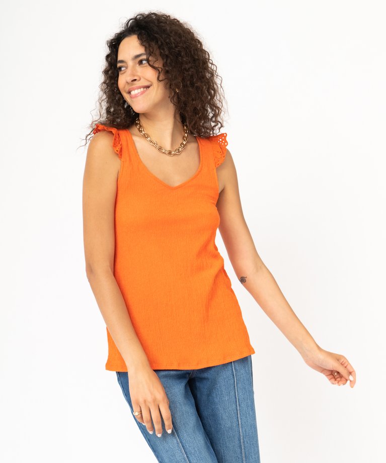 VERTBAUDET Débardeur Fille Avec Volants En Broderie Anglaise - T-Shirt Léger Et Chic En Coton Pur